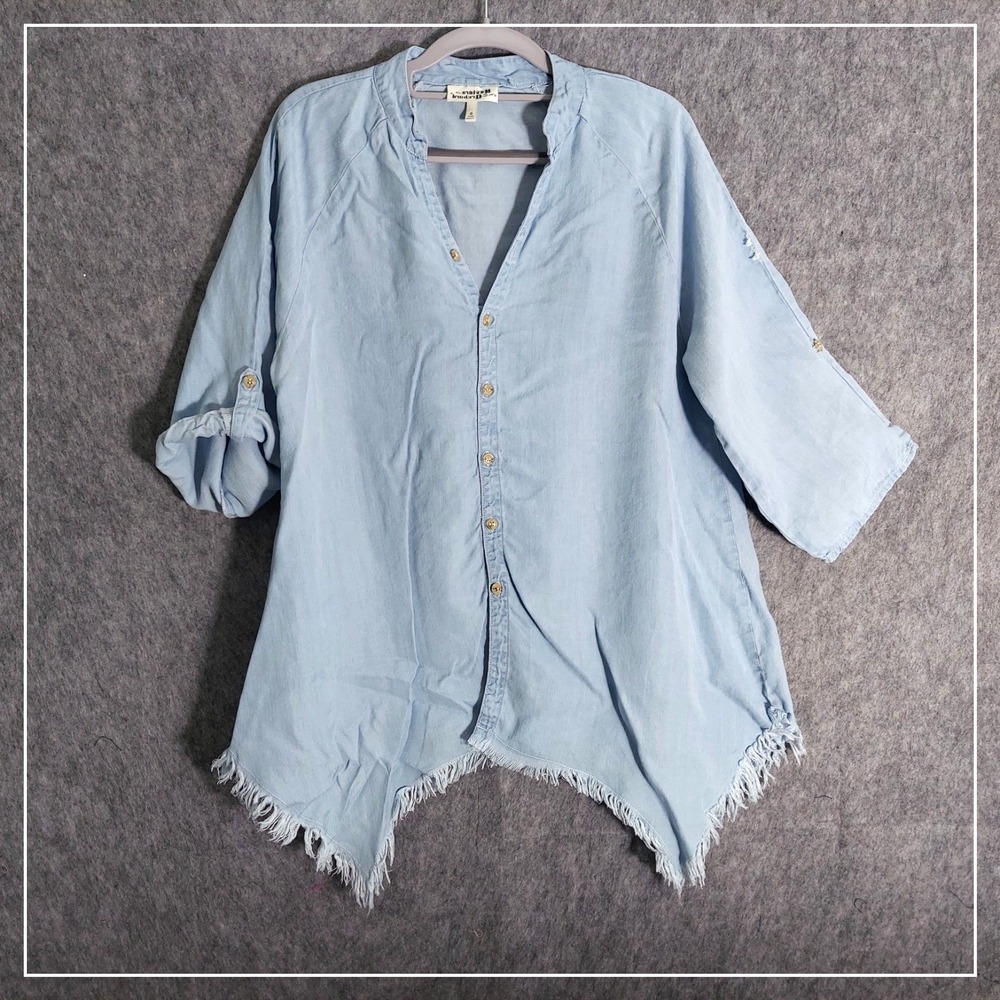 Hester & Orchard Button Up Tunic Women S Blue Sharkbite Frayed Hem Distressed